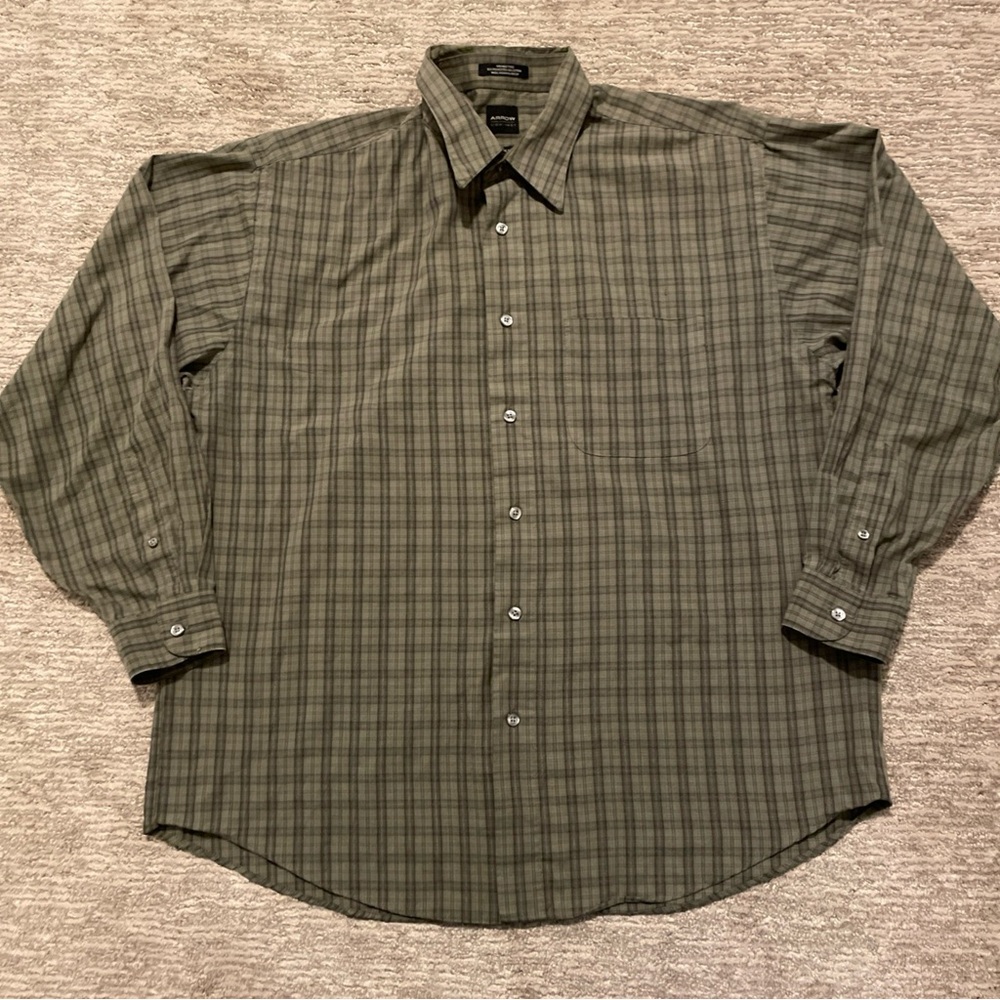 Arrow Shirt Mens L 16-16 1/2 Green Plaid Long Sleeve Button Up Wrinkle Free
